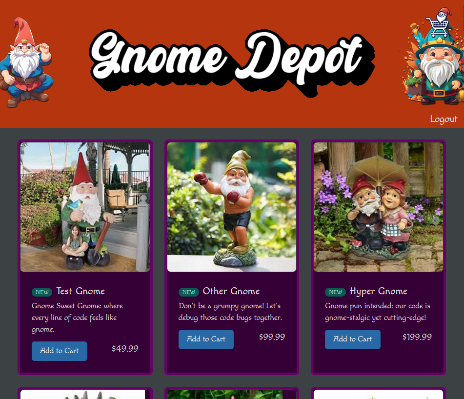 Screenshot of the item list page of the Gnome Depot website.