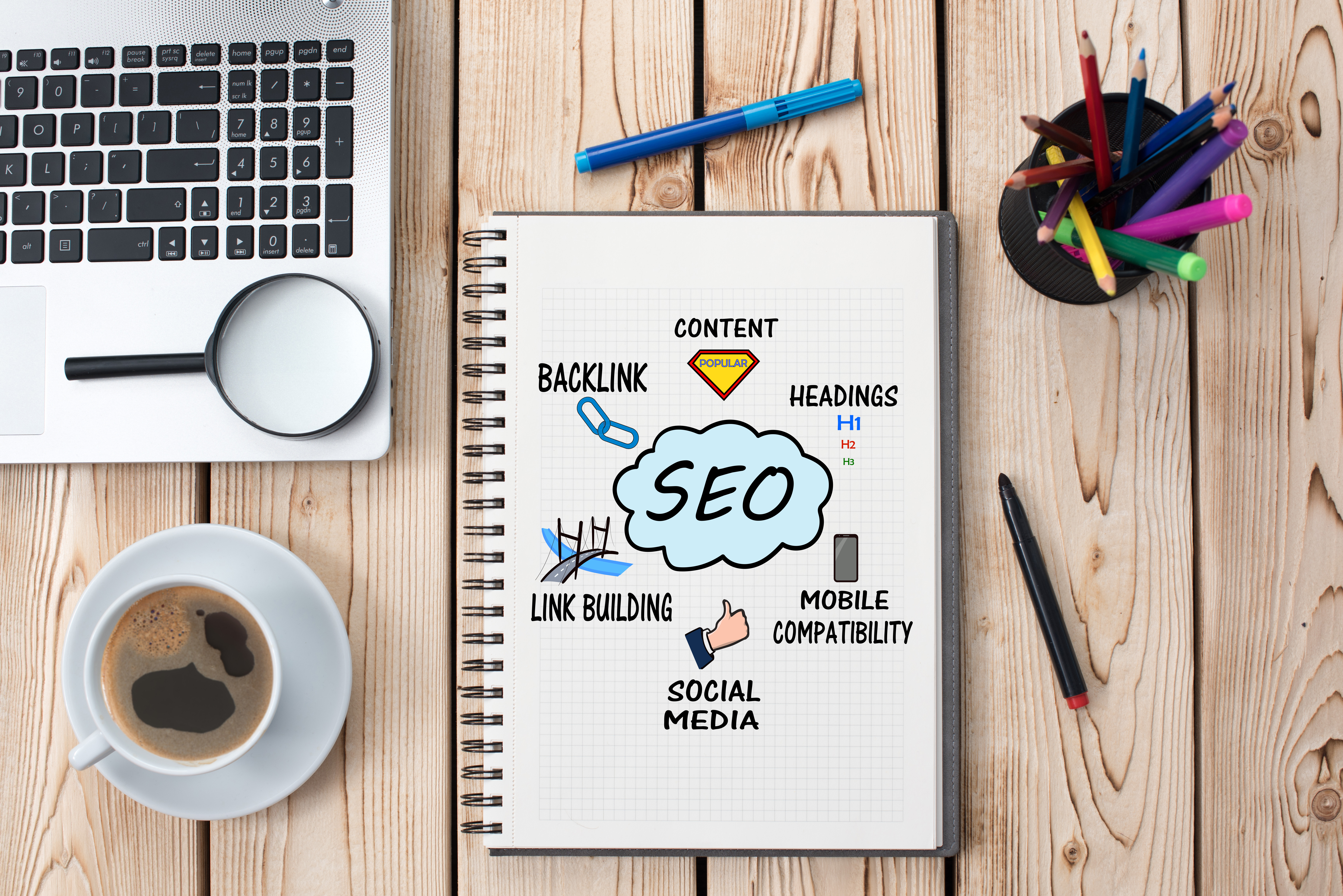 Pad with SEO, backlink, content, headings, link building, social media, mobile compatibility written on it
